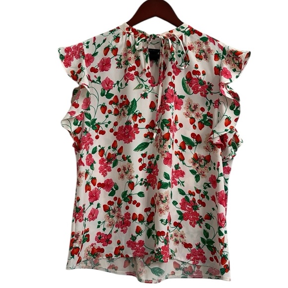 Ann Taylor strawberries, cherries, Floral Ruffle Sleeve Tie Neck Shell top - Picture 3 of 7